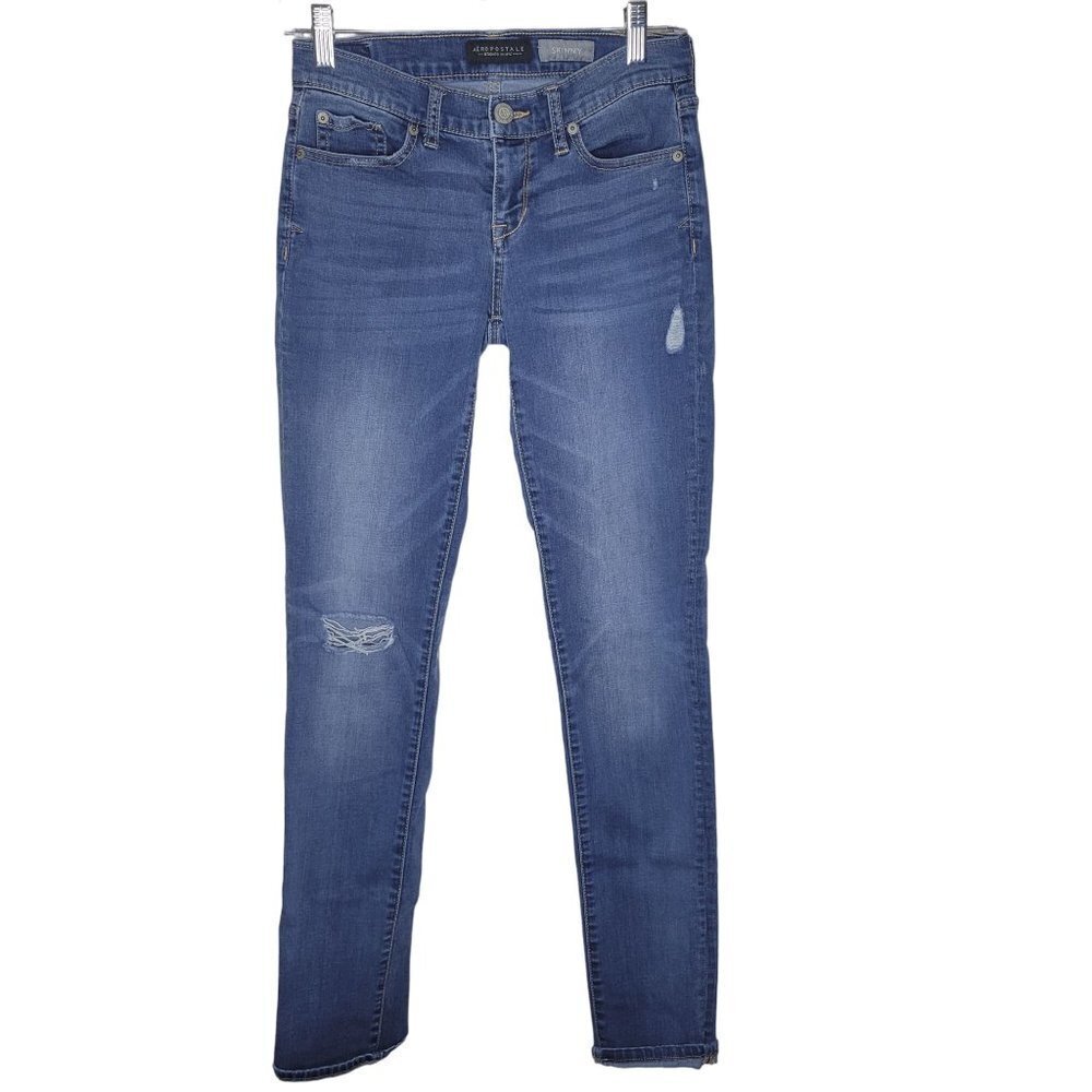 Aeropostale Women's Sz 2 Skinny Medium Wash Low Rise Distressed Blue Denim Jeans